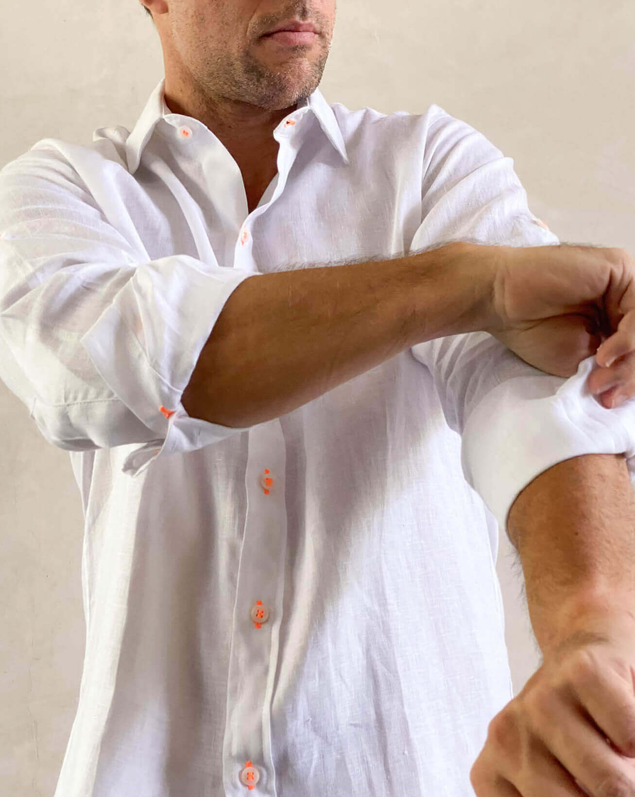 MALLORCA Linen Shirt - White/Neon Orange - CRASQI