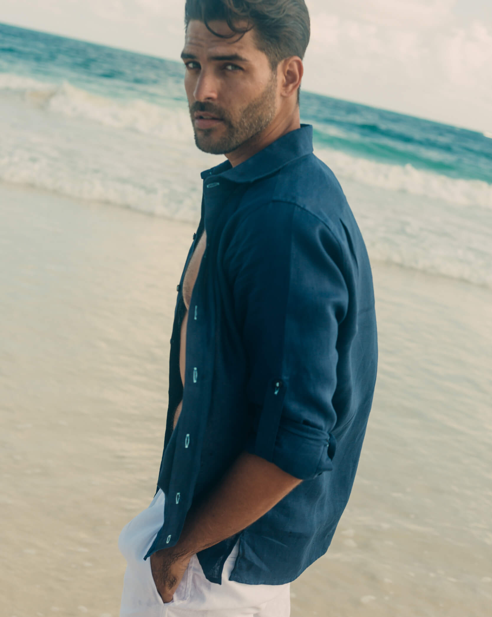 MALLORCA Linen Shirt - Navy Blue/Turquoise - CRASQI