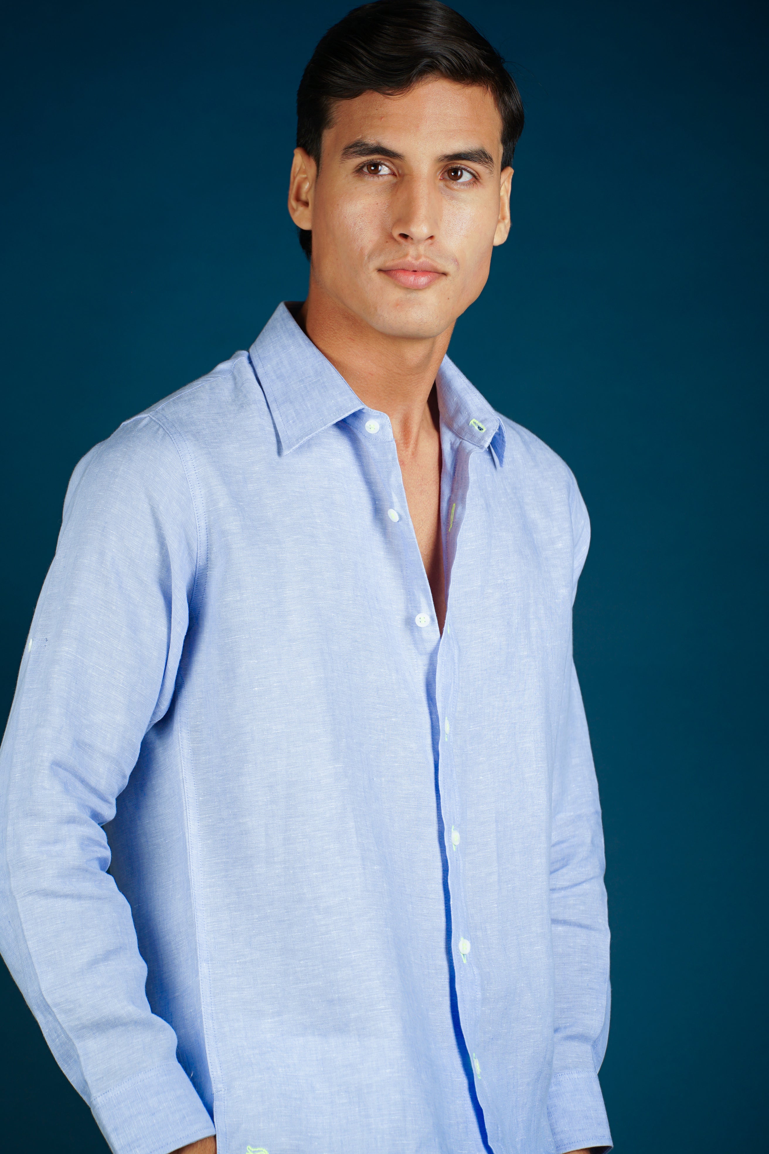 MALLORCA Linen Shirt - Azul Cielo/Neon Yellow - CRASQI