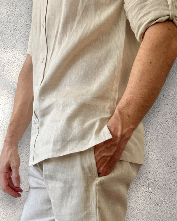 MALLORCA Linen Shirt - Sand/Light Sage - CRASQI