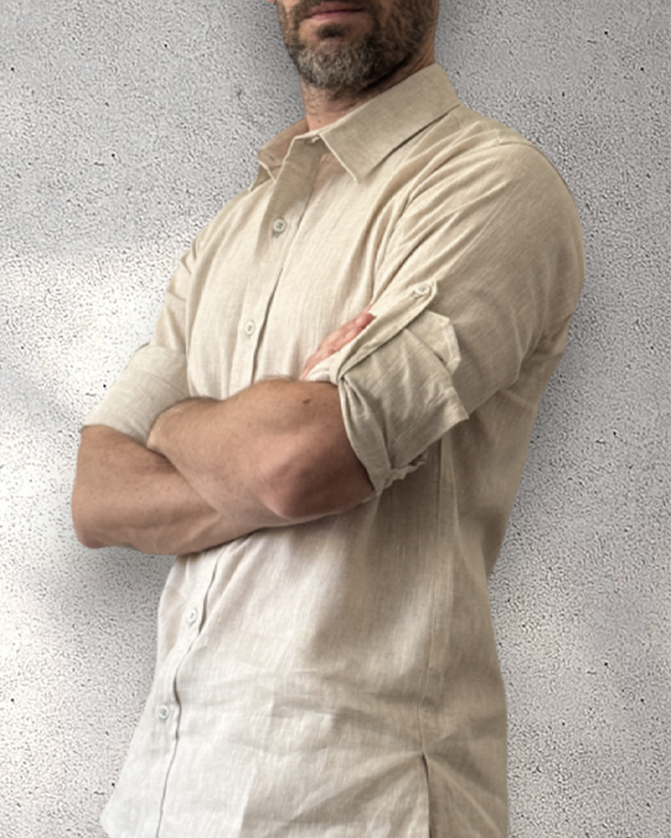 MALLORCA Linen Shirt - Sand/Light Sage - CRASQI