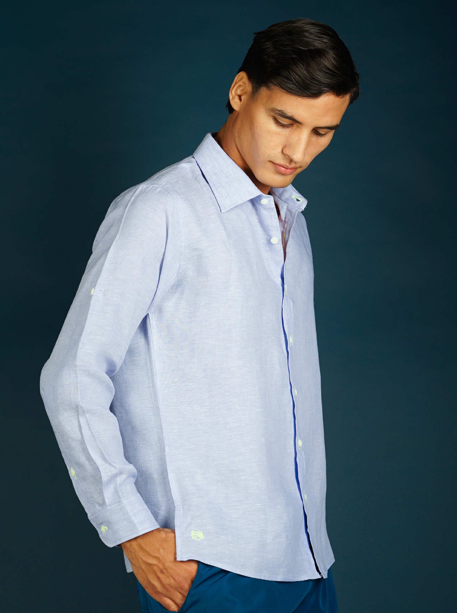 MALLORCA Linen Shirt - Azul Cielo/Neon Yellow - CRASQI